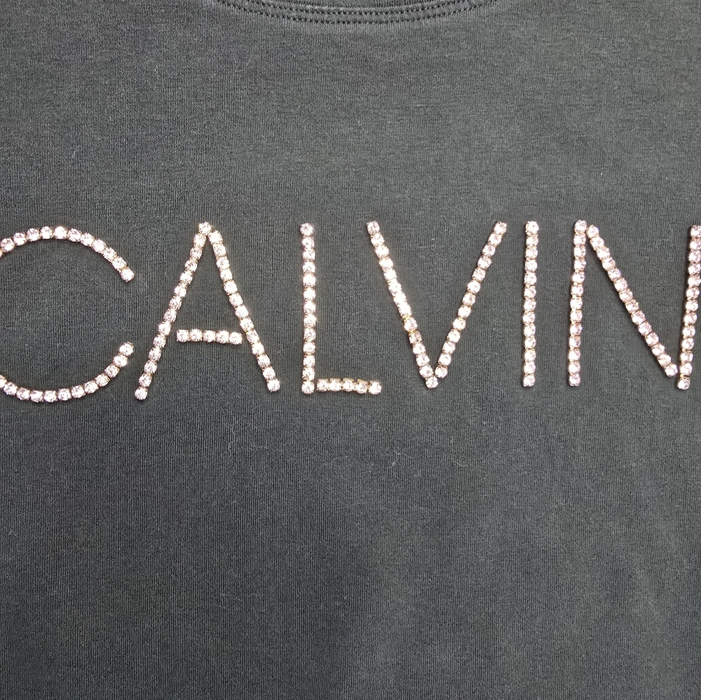 Calvin Klein T-shirt Hunter Green Long Sleeve Crystal Rhinestone Logo L/XL? - Picture 5 of 12
